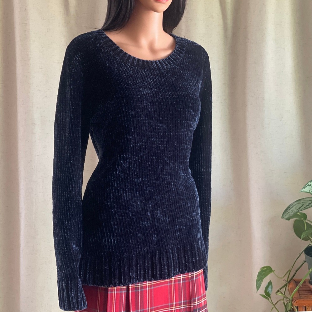 Orvis Classic Collection Womens Navy Blue Chenille Knit Crew Neck Sweater Size M